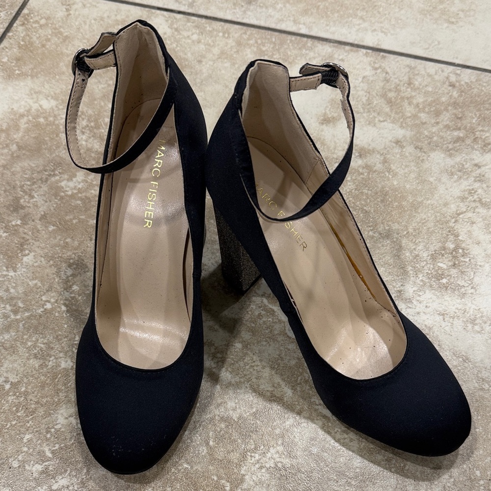 Marc Fisher Black Ankle Strap Block Heels